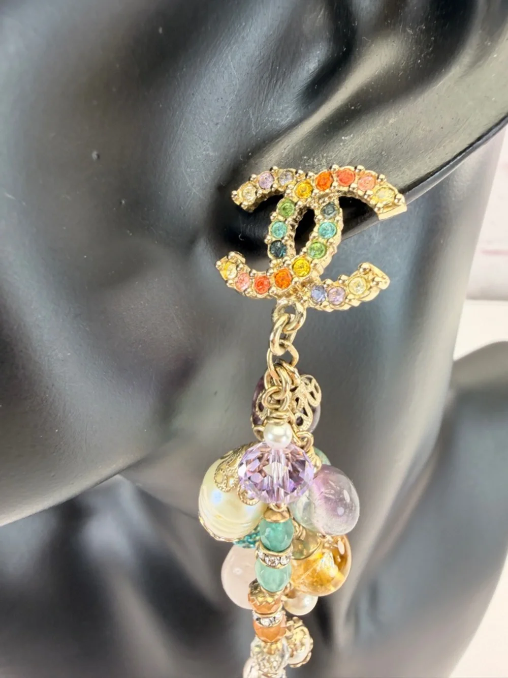CHANEL Rainbow Strass Multi Stone Gold-Tone CC Drop Dangle Earrings